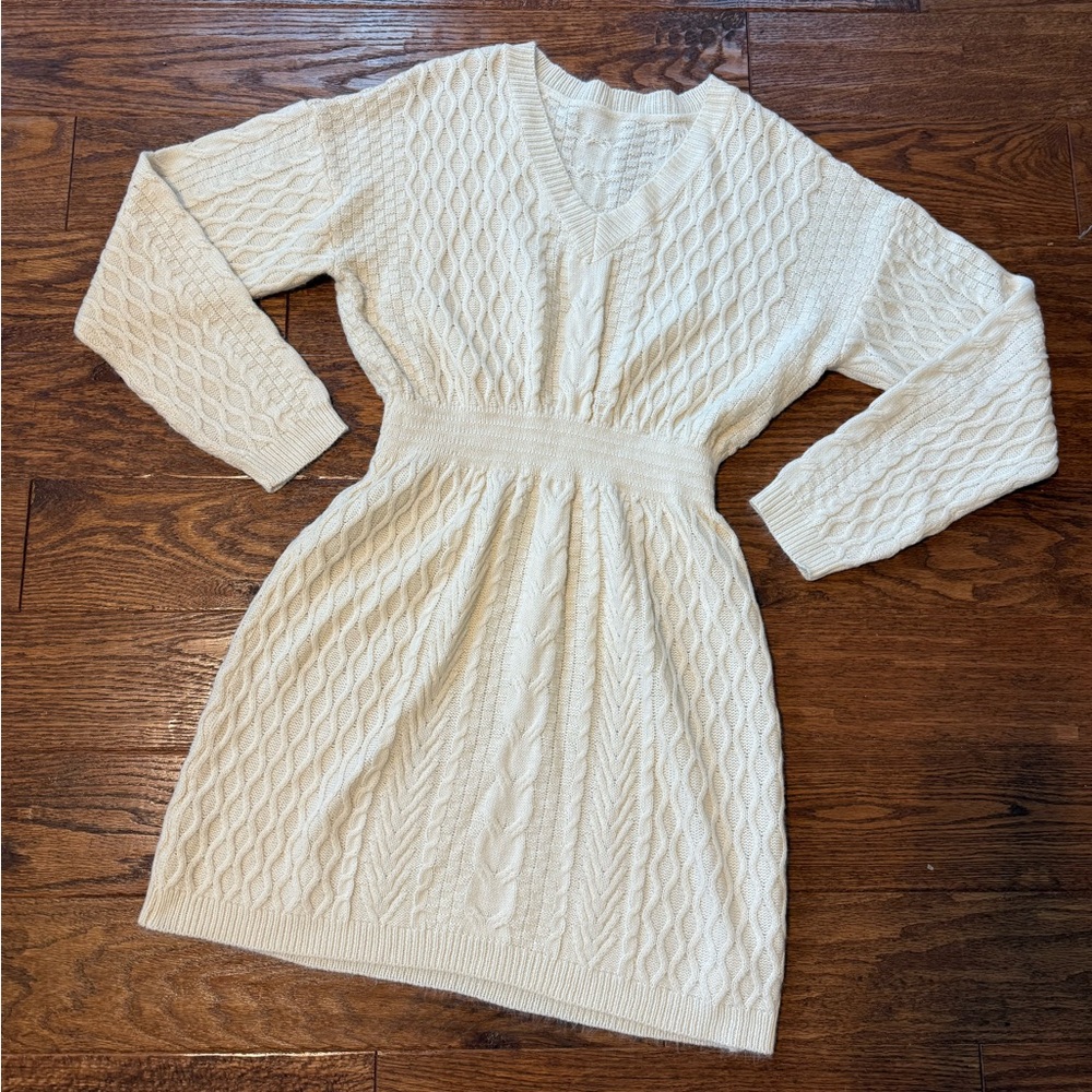 Cream Cable Knit Sweater Dress - CUPSHE